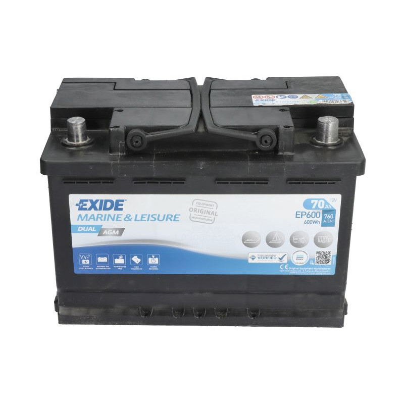 Човновий акумулятор Exide Dual AGM EP600 70Ah 760A R+ 600 Wh